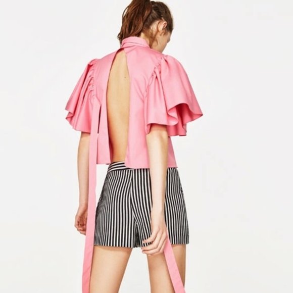 NWOT Zara bubblegum pink open back statement puff sleeve crop blouse, S - Picture 3 of 10